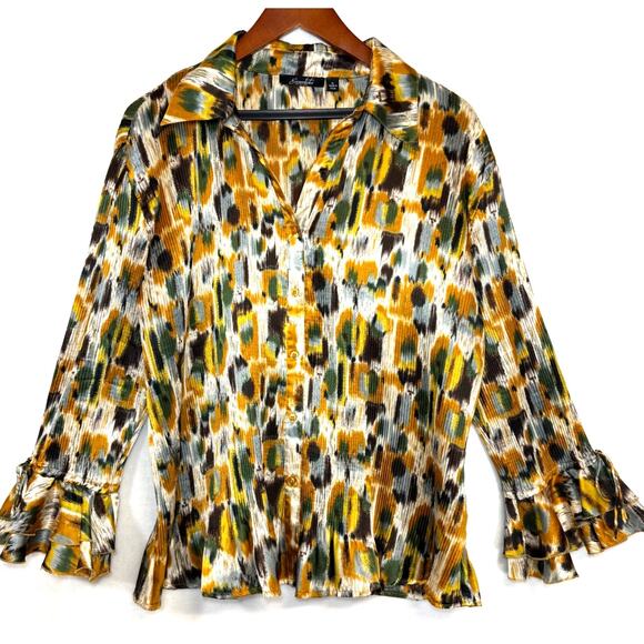 Essentials by Milano XL Buttoned Top‎ Abstract Retro Satin Pleated Y2K Glam Boho - Picture 1 of 11